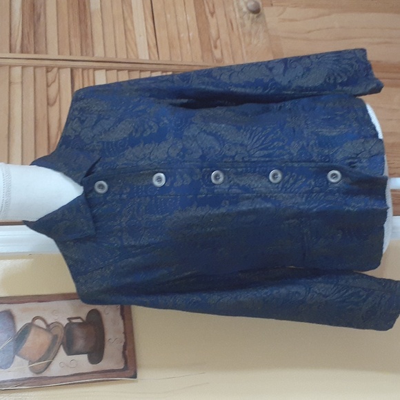 Vintage CHICO'S 1 Blue & Silver Gray Damask Blazer Jacket M 8-10 - Picture 1 of 7